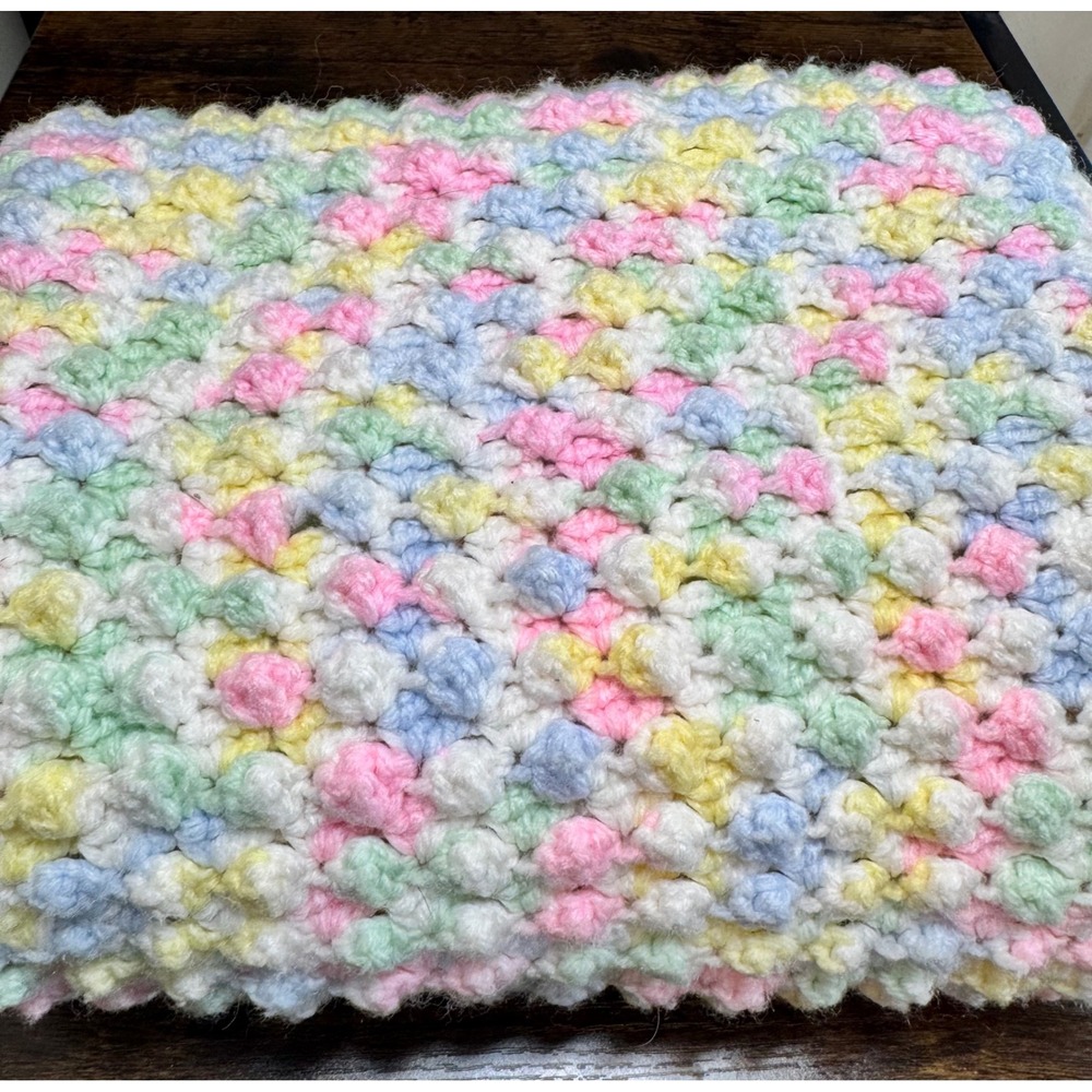 VTG Handmade Crochet Baby Blanket Pastel Popcorn Stitch Variegated 23x41